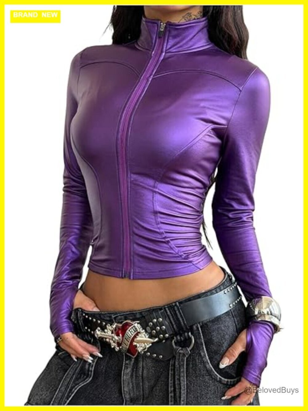 Faux Leather Cropped Motorcycle Jacket Zip Up Long Sleeve Fitted Y2K